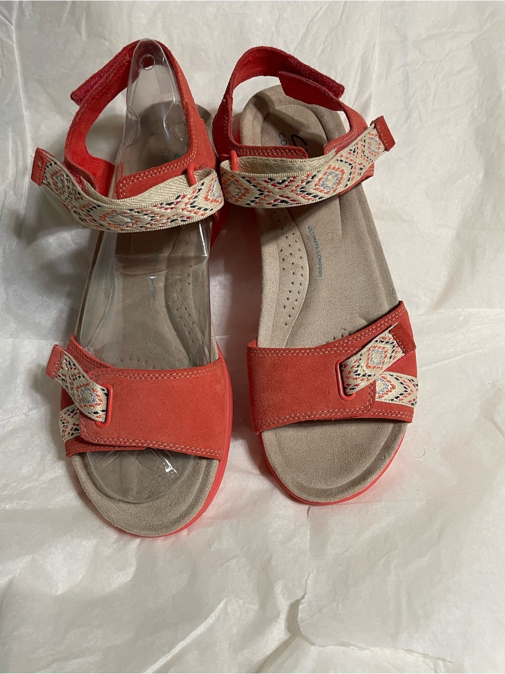 Clarks Coral Suede Sandals with Patterned Straps
